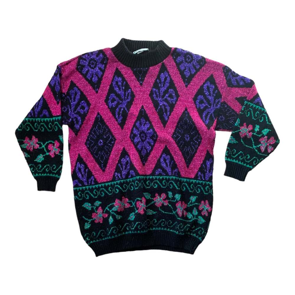 Vintage 90s distinctly different sweater black plus size 20w glitter pink long